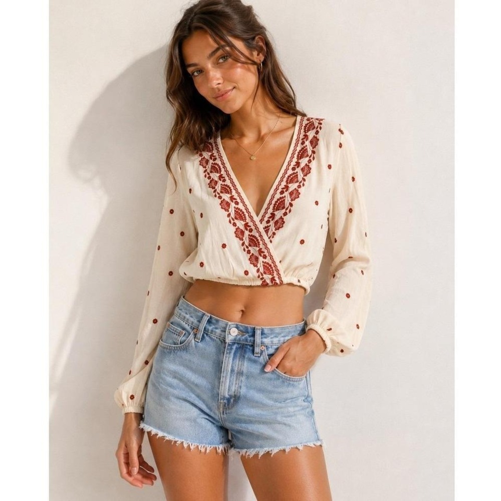 Forever 21 Embroidered Boho Wrap Crop Top Cream & Rust Floral | Festival Coastal